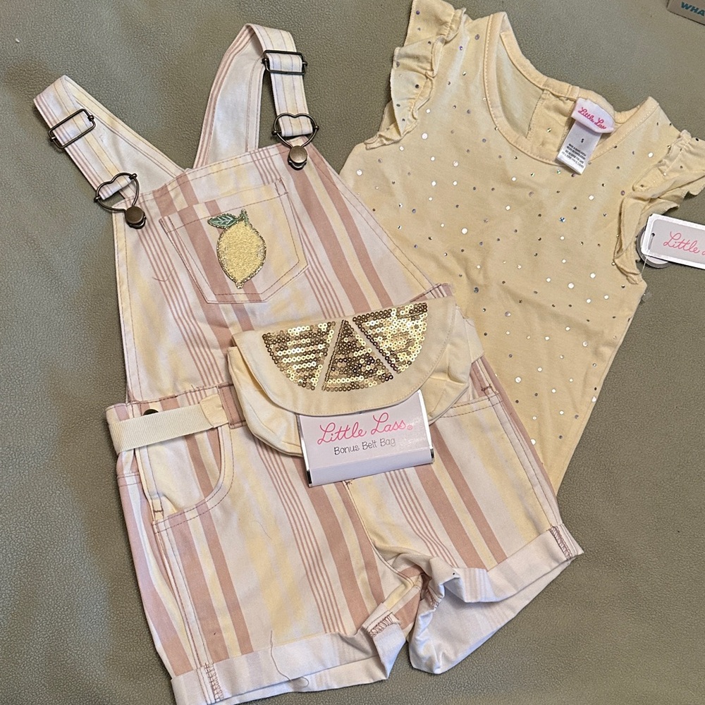 Little Lass Pink and Yellow Striped Overalls with Lemon Patch